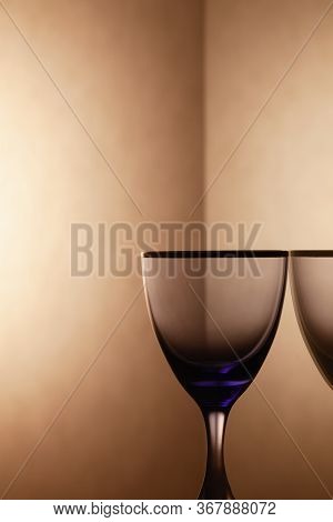 Empty Wine Glasses On A Clean Gradient Background. Empty Drinking Transparent Wine Glass