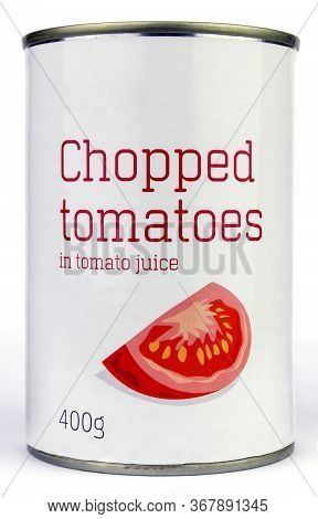 Chopped Tomatoes In Tomato Juice In A White Labelled Unbranded Tin Can On An Isolated White Backgrou