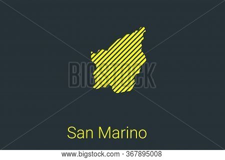 Map Of San Marino, Striped Map In A Black Strip On A Yellow Background For Coronavirus Infographics 