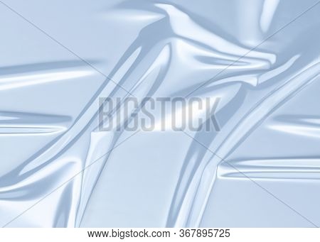 Blank Blue Crumpled Plastic Foil Wrap Overlay Mockup, 3d Rendering. Empty Glossy Decorative Cellotap