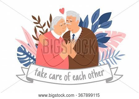 Caring Elderly Couple. Happy Grandparents Take Care Of Each Other, Cheering Adults, Cheerful Old Mal