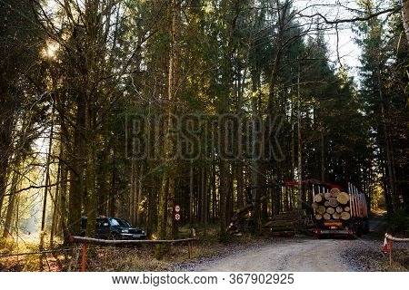 Kaiserwald, Austria - 21.01.2020: Crane In Forest Loading Logs In The Truck. Timber Harvesting And T