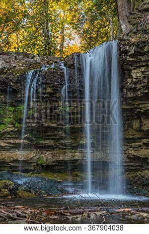 Waterfall In Hilton Falls Park At Autumn Day