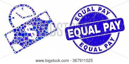 Geometric Banknote Credit Time Mosaic Pictogram And Equal Pay Watermark. Blue Vector Round Scratched