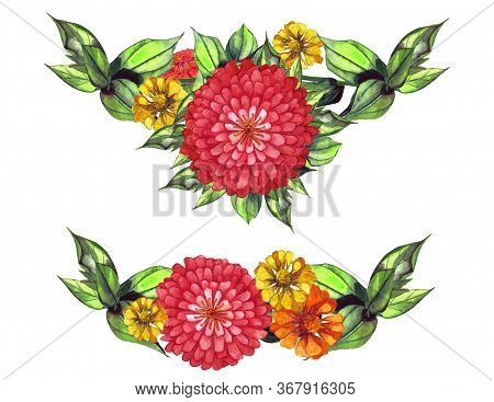 Soft Orange And Red Watercolor Dahlia, Zinnia. Summer Flowers.