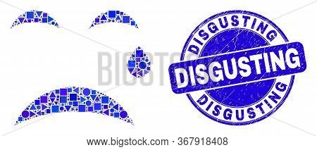 Geometric Crying Smiley Mosaic Pictogram And Disgusting Seal. Blue Vector Round Distress Seal Stamp 
