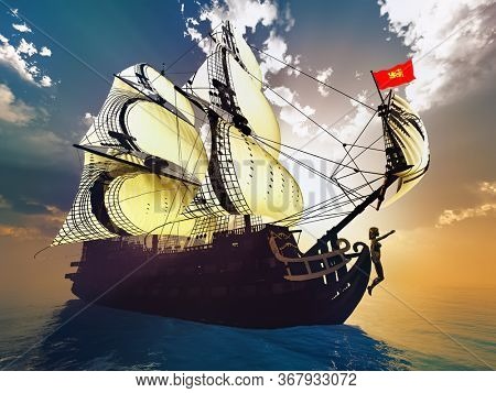 old ship in sea sunset 3d rendering