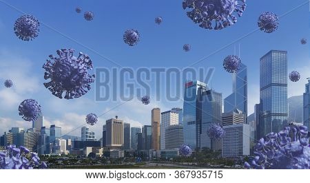 Coronavirus, Covid-19 Fly In Downtown And Destroy Business. Covid 19, Corona Virus Falling From Blue
