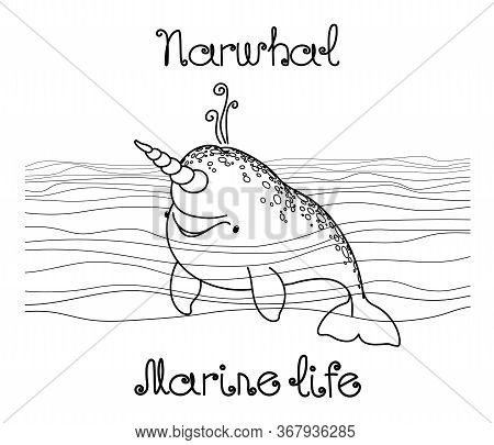 Young Cute Spotted Narwhal With Baby Face, Smile Emotions, For Logo Or Emblem, Marine Waves, Vector 