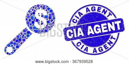 Geometric Financial Audit Mosaic Pictogram And Cia Agent Watermark. Blue Vector Rounded Distress Wat