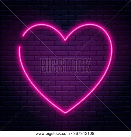Neon Sign In Heart Shape. Glowing Neon Heart On Brick Wall Background ...