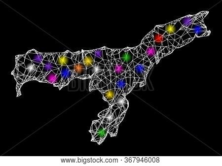Web Mesh Vector Map Of Assam State With Glare Effect On A Black Background. Abstract Lines, Light Sp