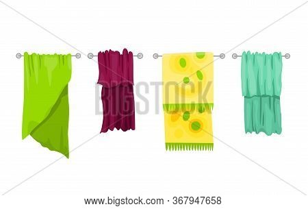 Bath Towel. Cartoon Towels Vector Set. Cloth Towel For Bath, Illustration Of Cartoon Fabric Towel Fo