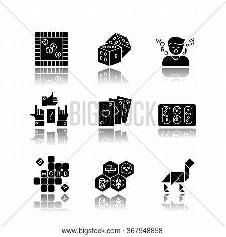 Entertaining Games Drop Shadow Black Glyph Icons Set. Traditional Fun Activities For Family Recreati