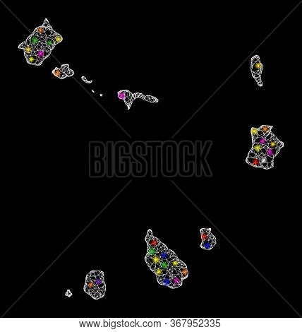 Web Mesh Vector Map Of Cape Verde Islands With Flare Effect On A Black Background. Abstract Lines, L