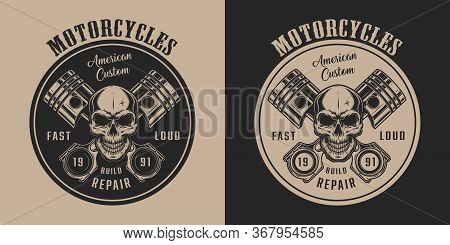 American Custom Motorcycle Service Vintage Label With Skull And Crossed Engine Pistons In Monochrome