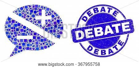 Geometric Discussion Messages Mosaic Pictogram And Debate Seal Stamp. Blue Vector Rounded Scratched 