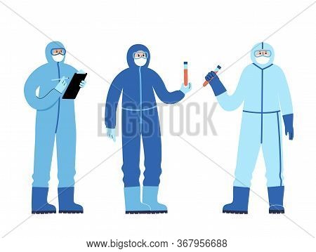 Set Of Doctors Virologists Epidemiologists In A Protective Suit Are Fighting An Epidemic And A Pande