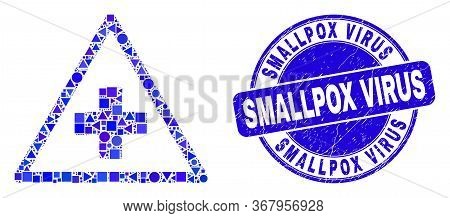 Geometric Medical Warning Triangle Mosaic Pictogram And Smallpox Virus Seal Stamp. Blue Vector Round