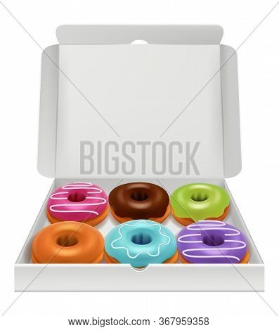 Donuts Realistic. Bakery Delicious Tasty Food Donuts In Package Colorful Pastry Glazy Products Vecto