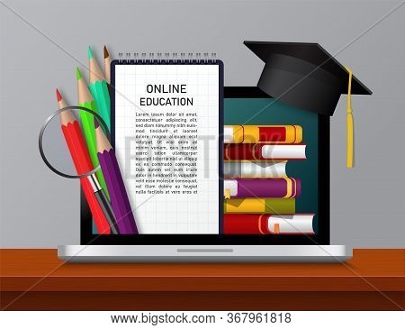 E-learning In University, Online Education In School On Laptop Screen. Ebook For Knowledge, Pencils,