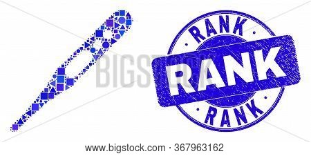 Geometric Thermometer Mosaic Pictogram And Rank Seal Stamp. Blue Vector Round Distress Seal Stamp Wi