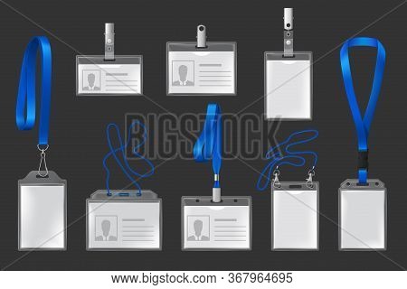 Plastic Badges On Lanyards And Holders Realistic, 3d Vector Set. Isolated Id Passes On Blue Cords Wi