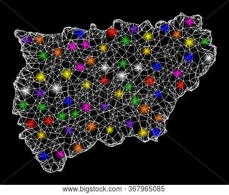 Web Mesh Vector Map Of Jaen Spanish Province With Glare Effect On A Black Background. Abstract Lines