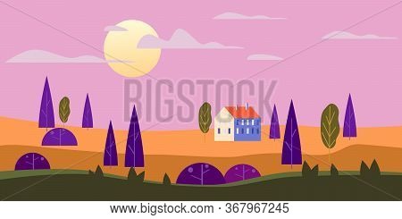 Landscape Rural Countryside Scenery. Farm House, Trees, Panorama Summer, Autumn Season, Sun, Sunset.