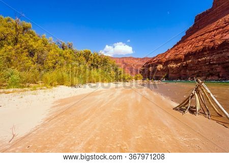 USA. Dry branch construction by the river. The steep banks of red sandstone. Lee's Ferry is a historic boat ferry across the Colorado River. The concept of active and photo tourism