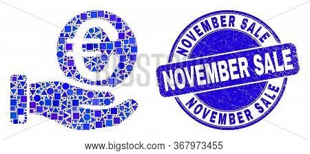 Geometric Hand Offfer Euro Coin Mosaic Pictogram And November Sale Seal. Blue Vector Round Textured 