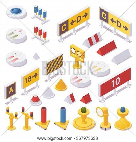 Isometric Set Of Airport Lights, Taxiway Signs, Runway Guard, Approach, Touchdown Zone And Advanced 