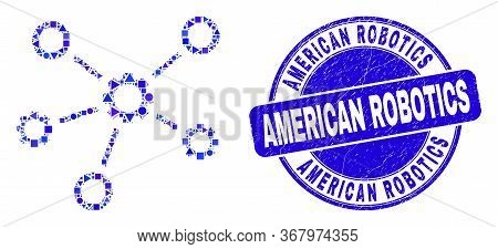 Geometric Gear Links Mosaic Pictogram And American Robotics Seal. Blue Vector Rounded Textured Seal 