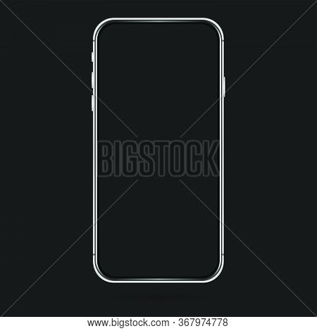 Isolated Empty Cell Phone Mockup. Silver Phone On The Dark Background. Silver Phone On The Black Bac