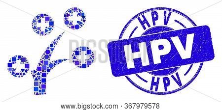 Geometric Medical Tree Mosaic Pictogram And Hpv Seal Stamp. Blue Vector Round Grunge Seal Stamp With
