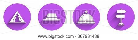 Set Tourist Tent, Man Hat With Ribbon, Hotel Service Bell And Road Traffic Sign Icon With Long Shado