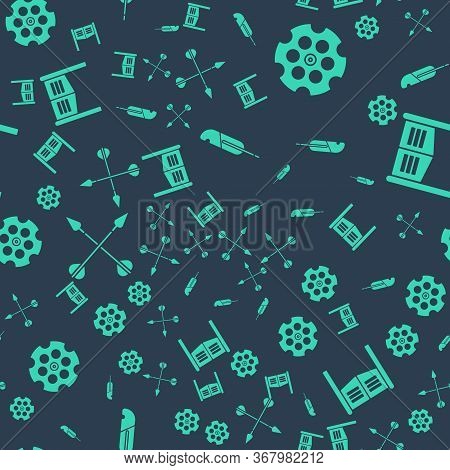 Set Feather Pen, Revolver Cylinder, Crossed Arrows And Saloon Door On Seamless Pattern. Vector.