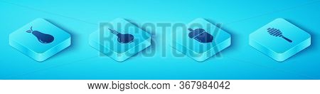 Set Isometric Pear, Onion, Honey Dipper Stick And Acorn Icon. Vector.
