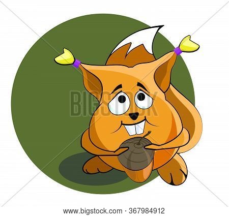 Nice Fat Squirrel With A Nut. A Startled Squirrel. Cartoon Image. Vector.