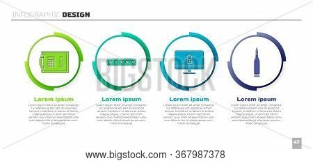 Set Safe, Password Protection, Lock On Computer Monitor And Bullet. Business Infographic Template. V