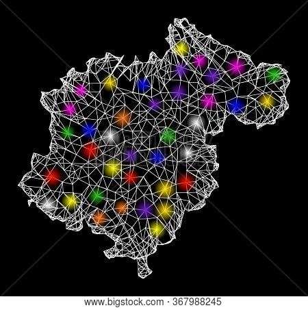 Web Mesh Vector Map Of Teruel Province With Glitter Effect On A Black Background. Abstract Lines, Li
