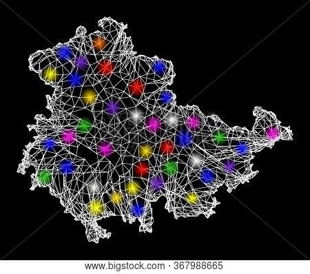 Web Mesh Vector Map Of Thuringia State With Flare Effect On A Black Background. Abstract Lines, Ligh