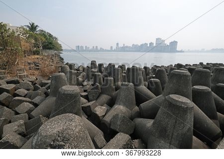MUMBAI, INDIA - FEBRUARY 13, 2020: Tetrapods on Marine Drive in Mumbai, India