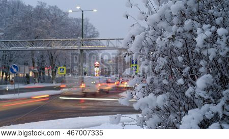 Kolobrzeg, West Pomeranian - Poland - 2022: Snowy Winter In The City And Petrol Station In Backgroun