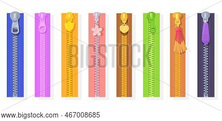 Colored Zippers. Cartoon Colorful Zipper, Silver Metallic Blue Yellow Red Color Fashion Fastener, Lo