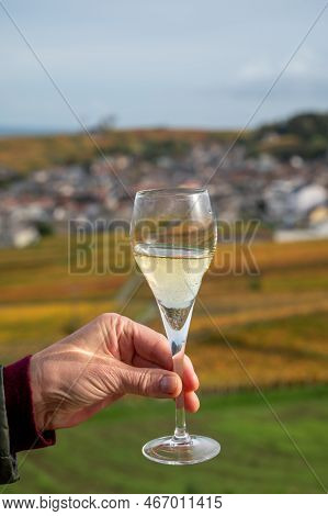 Tasting Of White Brut Champagne Wine Outdoor With View On Colorful Autumn Pinot Noir Grand Cru Viney