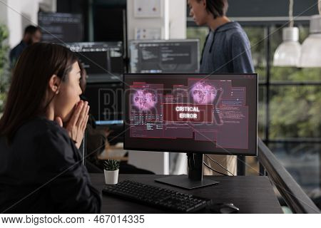 Shocked Programmer Typing Html Code Encountering Hacking Alert On Computer, Dealing With Unexpected 