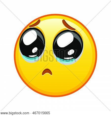 Face With Pleading Eyes On White Background. Large Size Of Yellow Emoji Smile