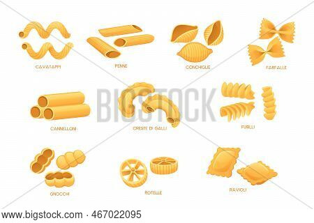 Set Of Uncooked Italian Pasta Cuisine Staples Vector Illustration Isolated On White Background