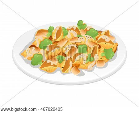 Ready For Eat Dish Italian Pasta Conchiglie Cuisine Staples With Meat Broccoli And Sauce Vector Illu